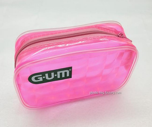 3D Decorative Pattern PVC Cosmetic Bag / Pink Vinyl Travel Organizer Pouch for Girl and Lady