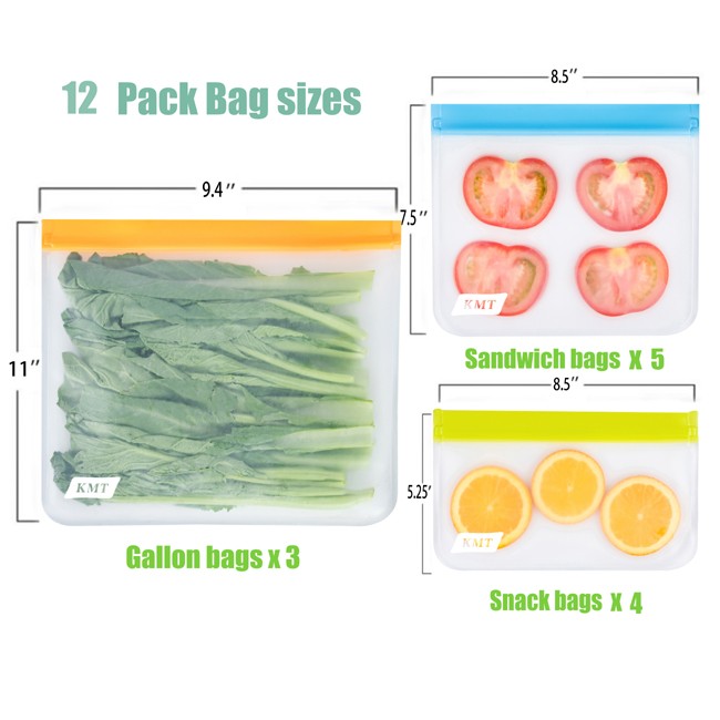 KMT Reusable Freezer Bags 3 Sizes 8/12 Pack Reusable Food Ziplock Bags Enhanced EVA Ziplock Freezer Bags for Home & Kitchen Organization